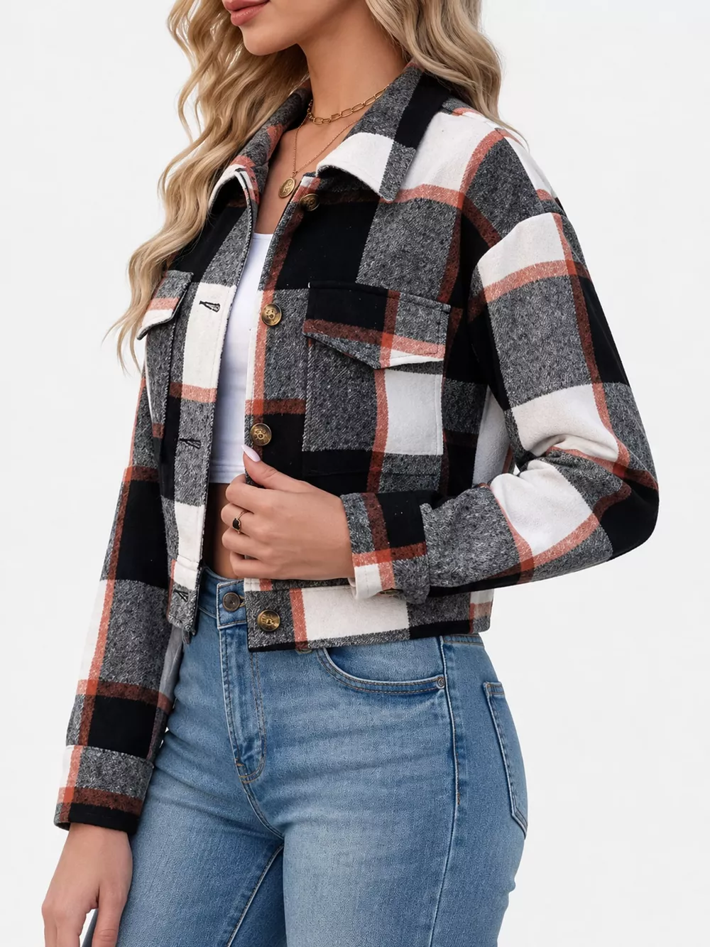Plaid Button-Front Cropped Jacket, image 35