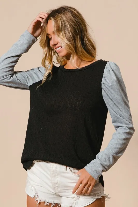 Cable Sweater Knit Top with Contrast Puff Sleeve, image 6