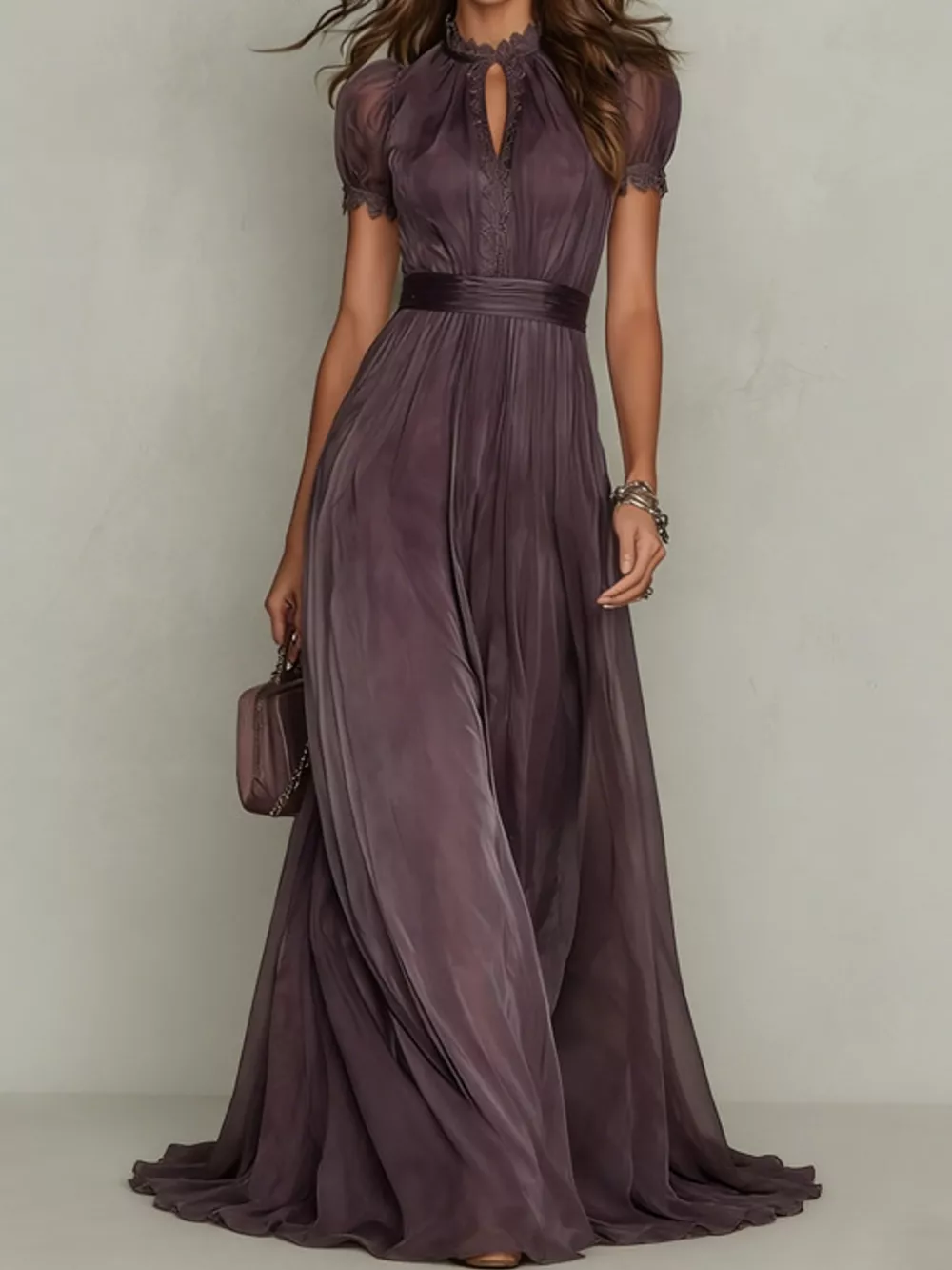 Full Size Elegant Sheer Chiffon Mock-Neck Maxi Dress with Keyhole Detail Plus Size