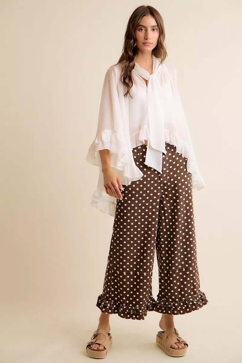 Sheer Ruffle Bell Sleeves Bow Tie Flowy Blouse Top, image 19