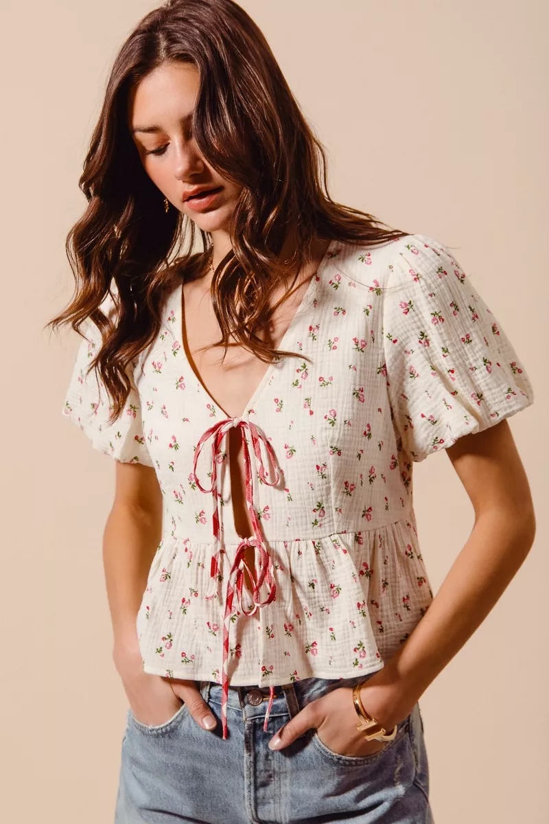 Ditsy Floral Print Gauze Tie-Front Blouse, image 5