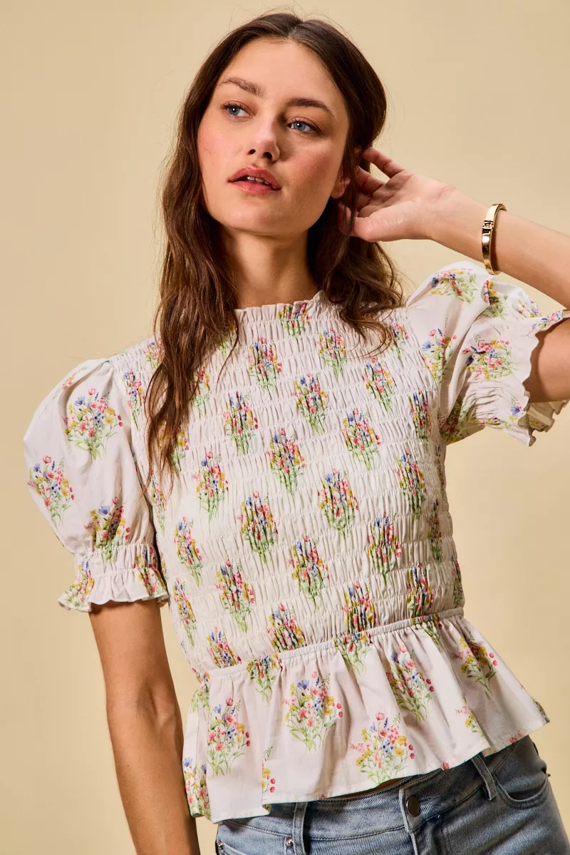 Floral Cotton Smocked Short Sleeves Blouse, image 5