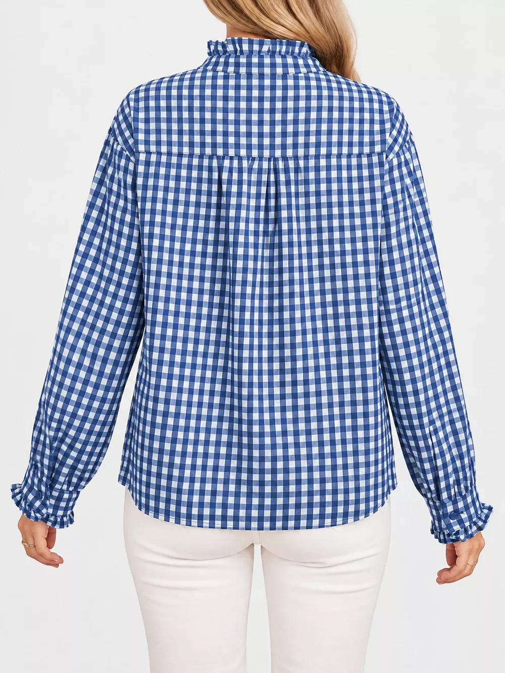 Gingham Ruffle Trim Stand Collar Shirt, image 24
