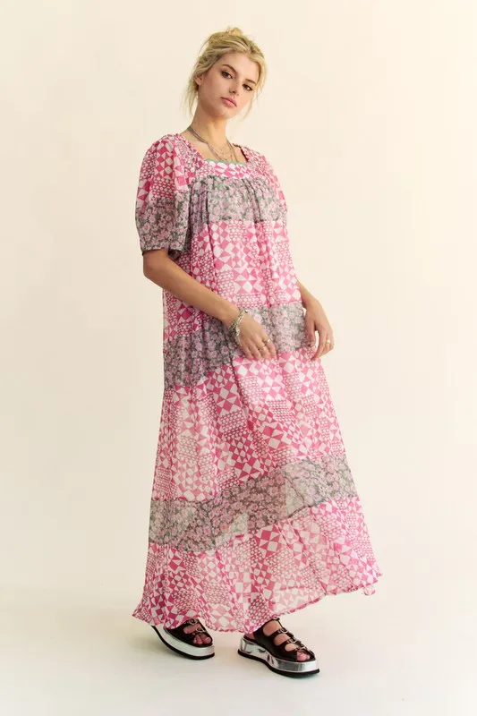 Multi Floral Square Neck Puff Sleeve Maxi Dress, image 3