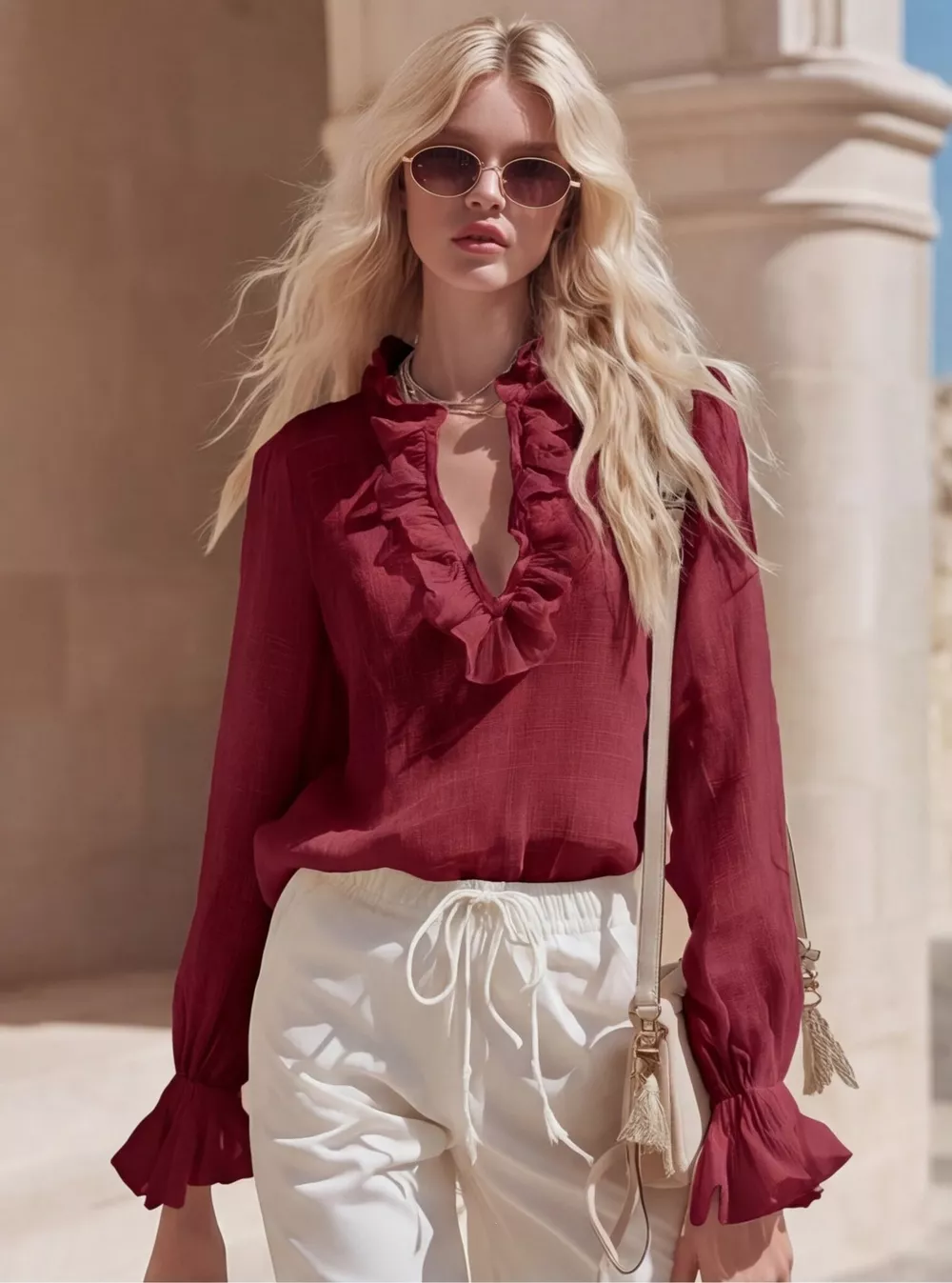 Ruffled V-Neck Long Sleeve Blouse, image 13