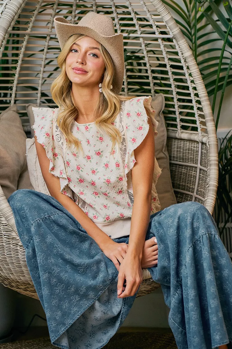 BiBi Flower Printed Ruffle Sleeve Trim Detail Top, image 23
