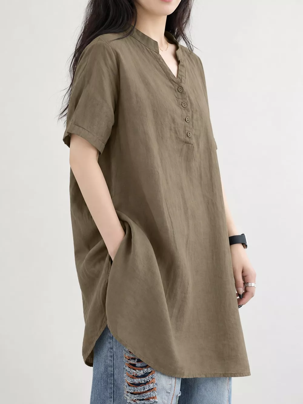 Full Size Notched Short Sleeve Oversize Blouse Plus Size, image 7