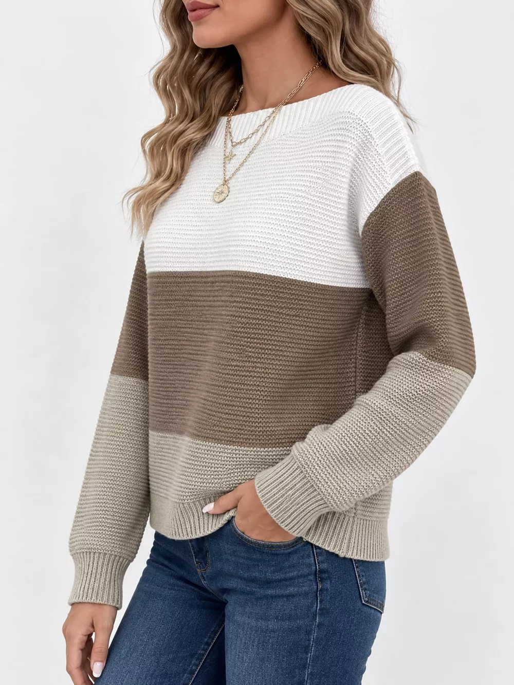 Full Size Color-Block Boat Neck Sweater Plus Size, image 15