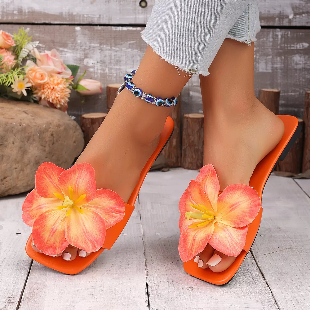 Floral Embellished Square Toe Slide Sandals, image 5
