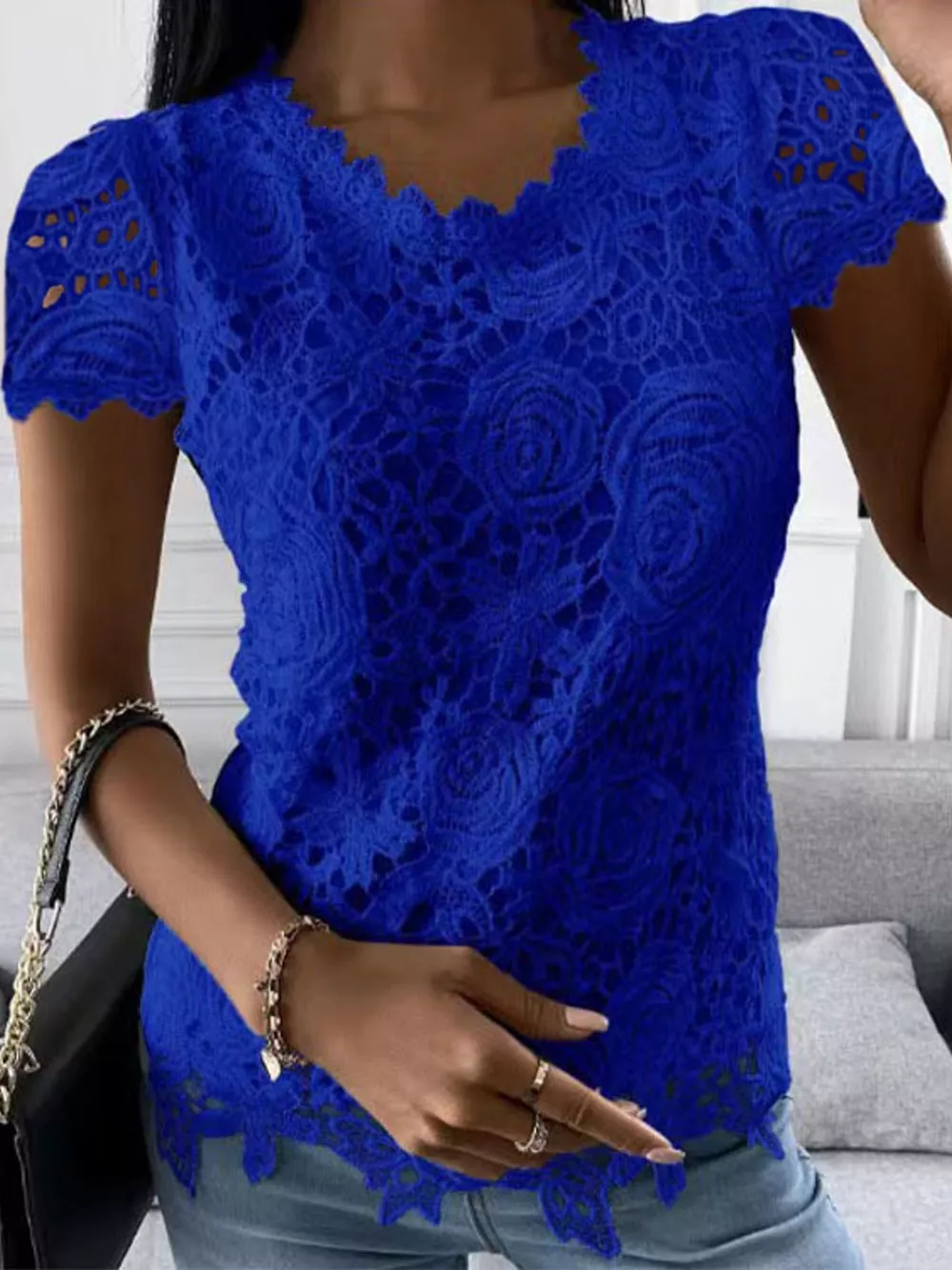 Full Size Elegant Floral Lace Short Sleeve Blouse Plus Size, image 10