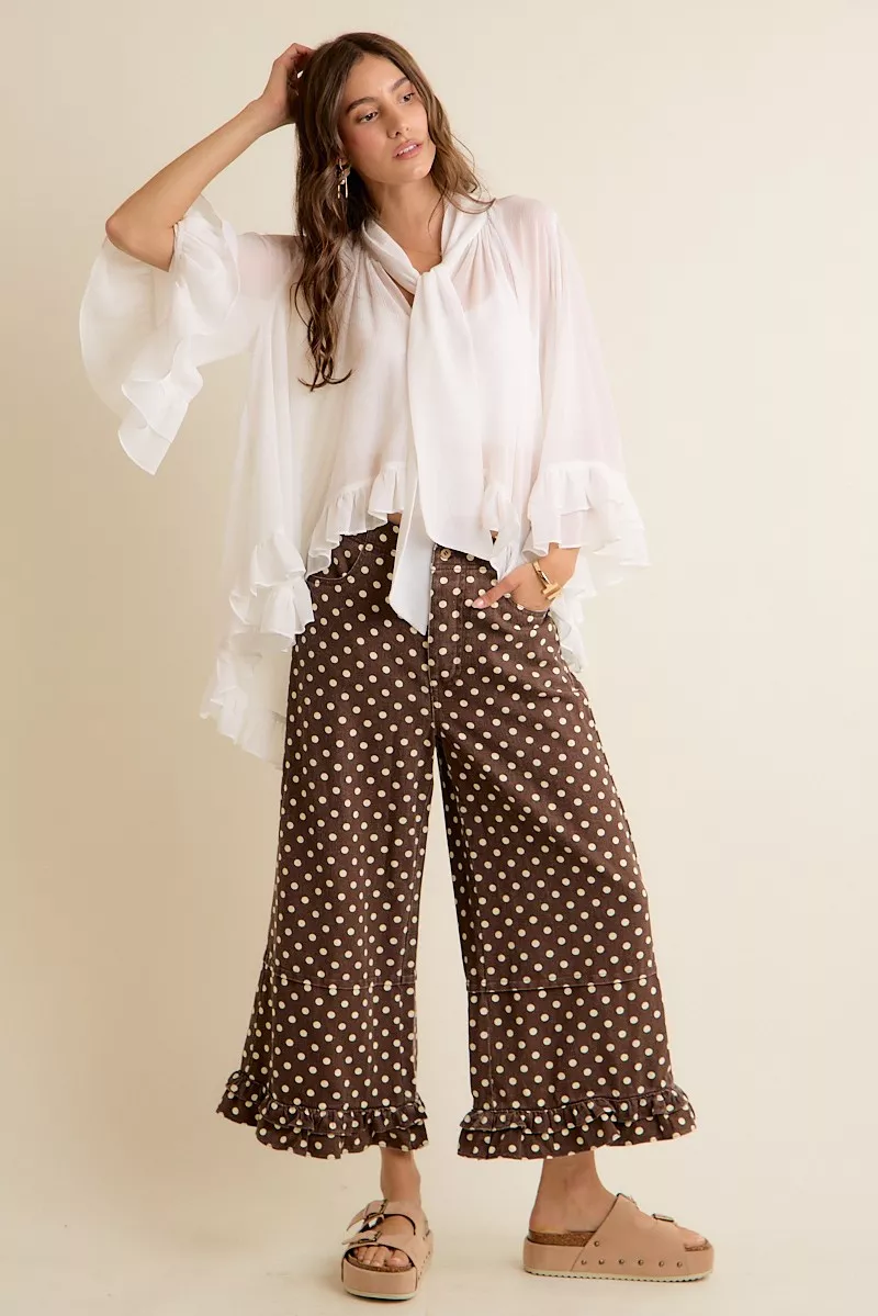 Sheer Ruffle Bell Sleeves Bow Tie Flowy Blouse Top, image 17