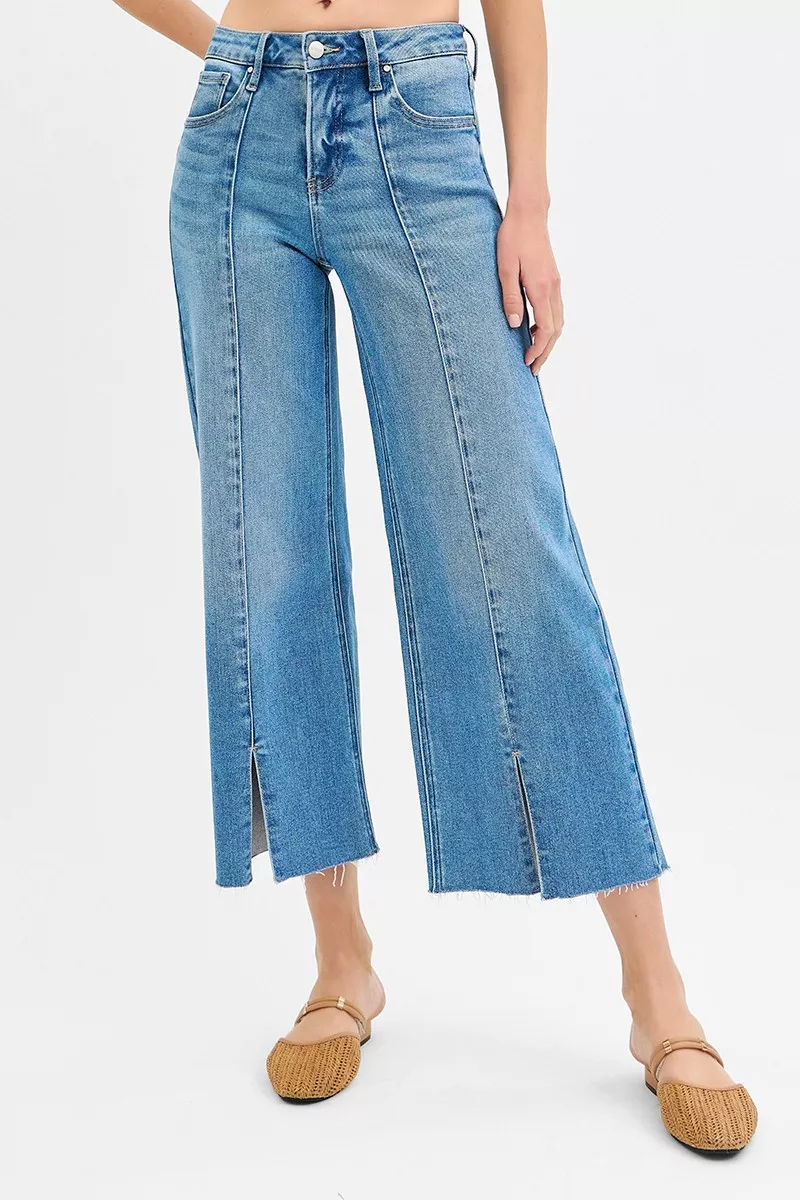 Tummy Control Mid Rise Crop Wide Front Slit Jeans, image 3