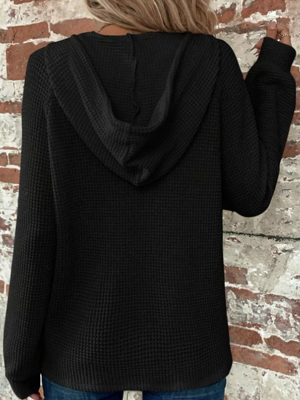 Full Size Waffle Knit Button Detail Hoodie Plus Size, image 29