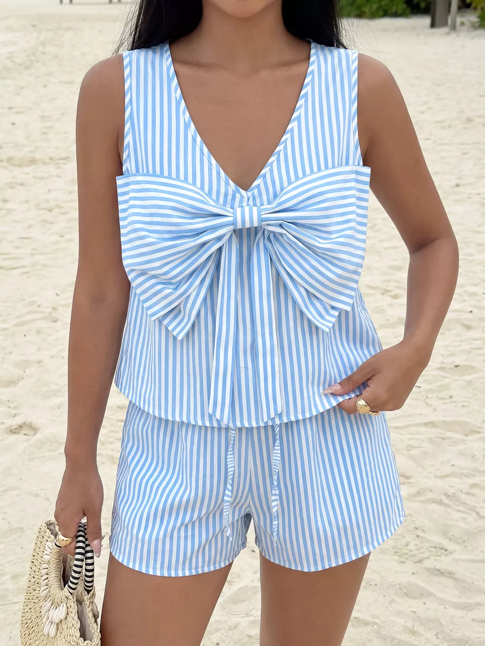 Striped Bowknot Sleeveless Top & Shorts Set, image 2