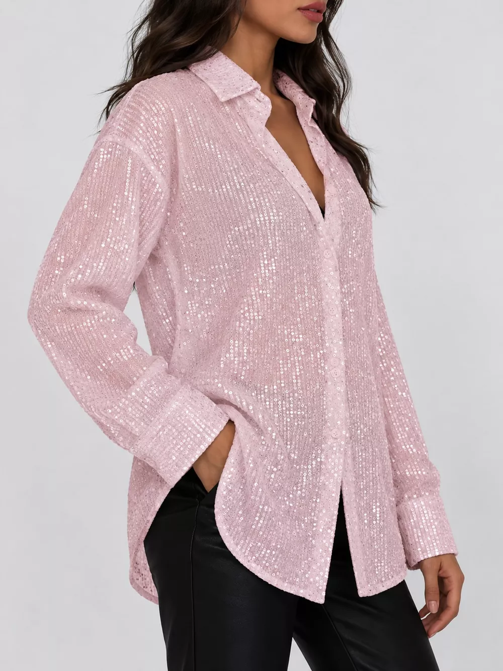 Full Size Sequin Button-Down Shirt Plus Size, image 41
