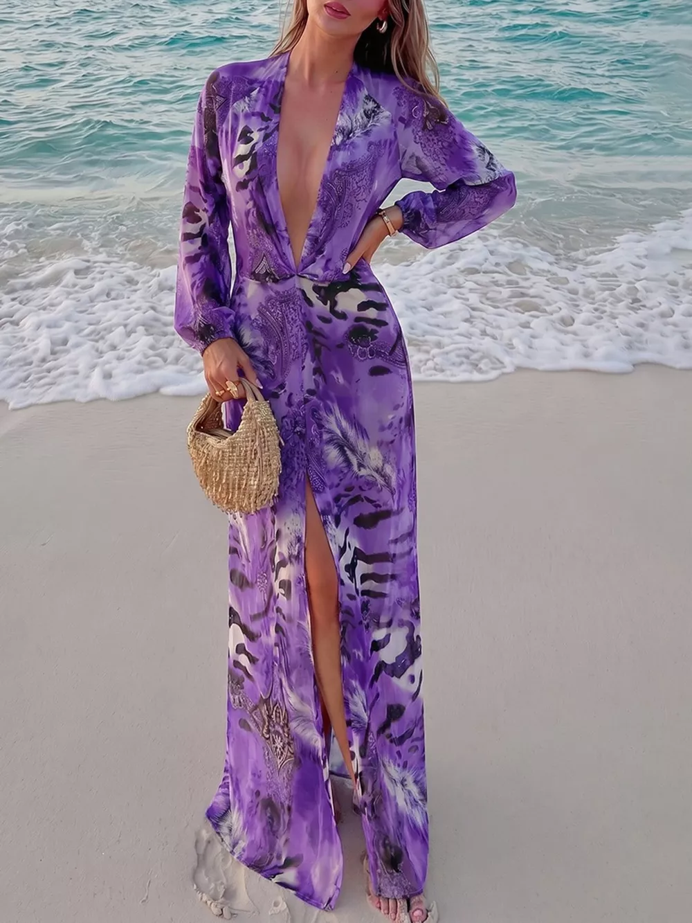 Deep V-Neck Long Sleeve Printed Maxi Dress, image 34
