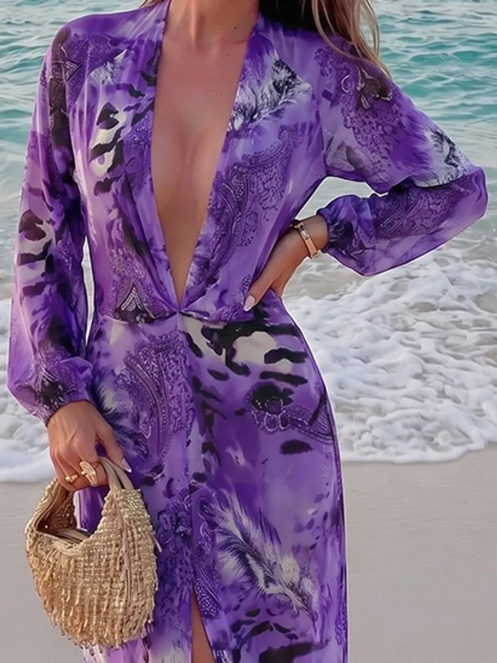 Deep V-Neck Long Sleeve Printed Maxi Dress, image 42