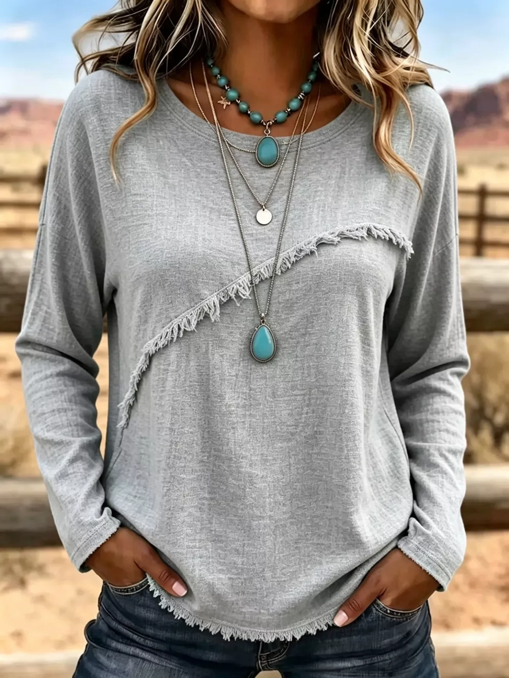 Full Size Fringe Detail Long Sleeve T-Shirt Plus Size, image 6