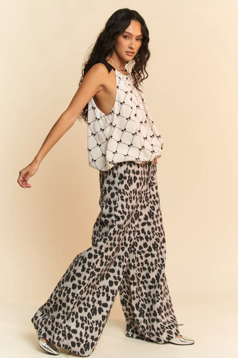 Ribbon Checker Printed Tie Halter Neck Blouse Top, image 2