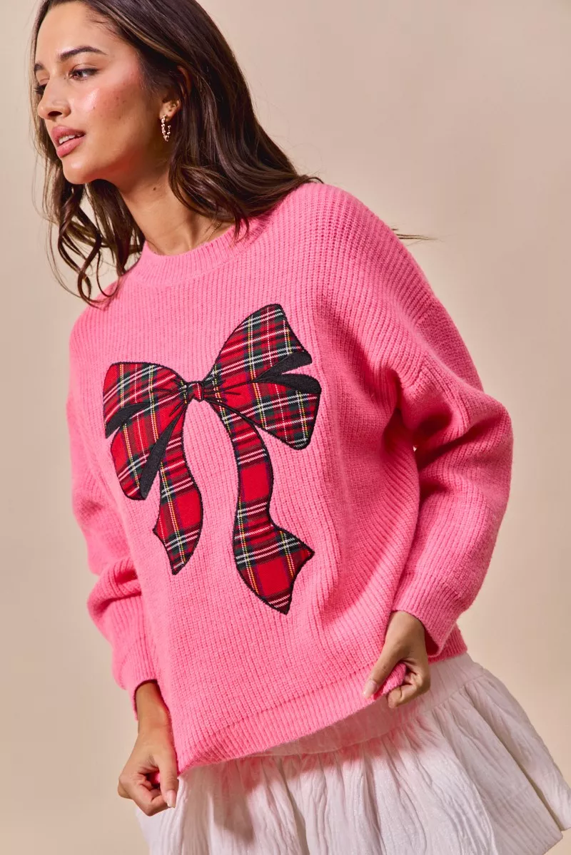 Checker Plaid Ribbon Christmas Holiday Sweater, image 3