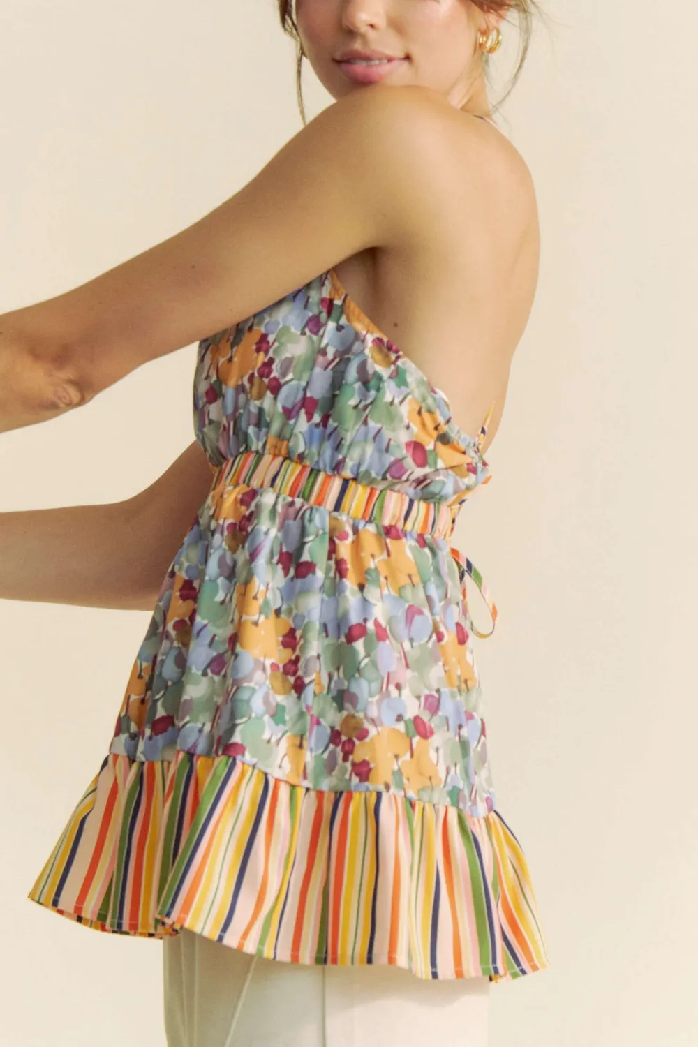 Floral Smocked Sleeveless Ruffle Back Tie Top, image 2