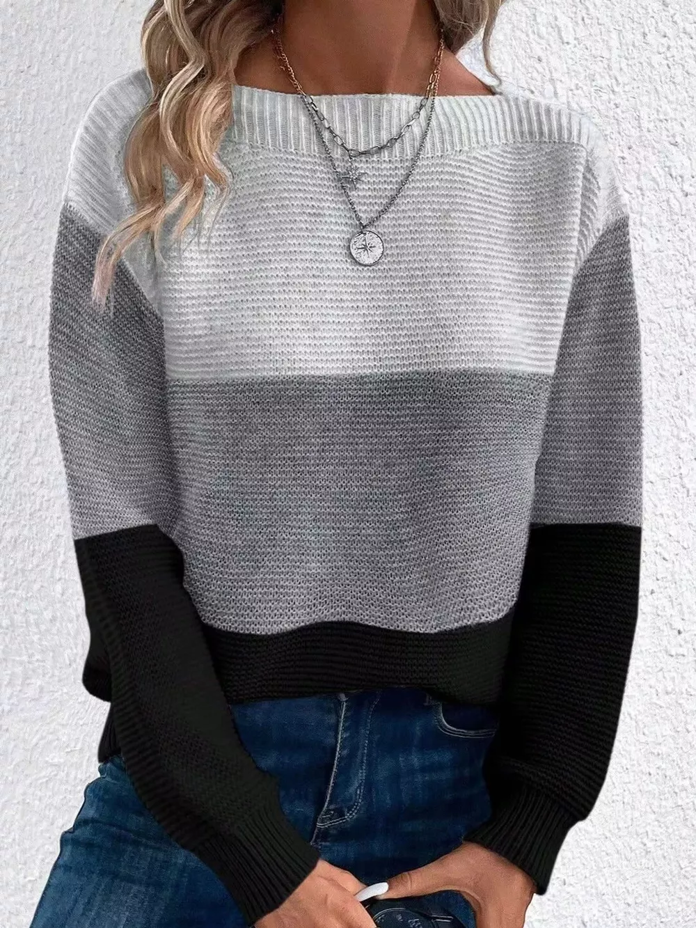 Full Size Color-Block Boat Neck Sweater Plus Size, image 26