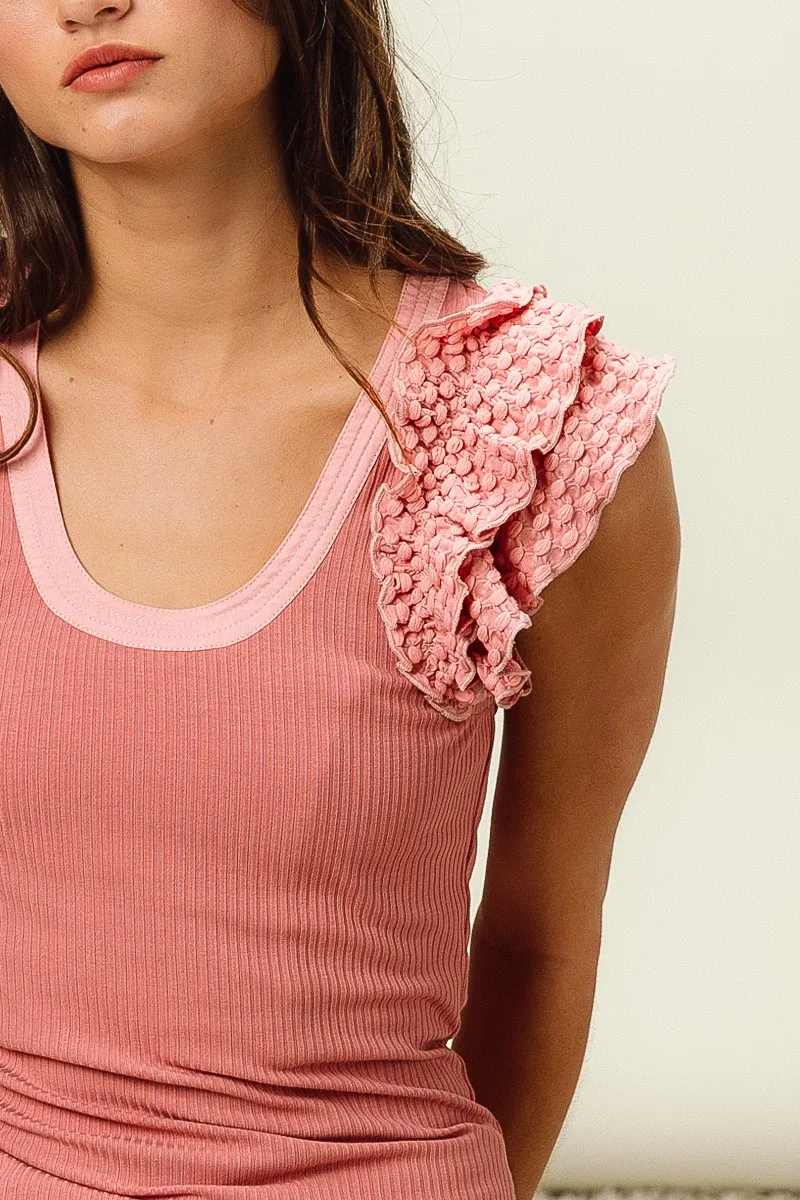Rib Knit With Textured Ruffled Top, image 3