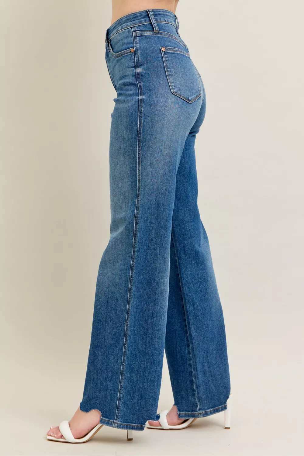 Full Size High Waist Tummy Control Chew Hem Destroy Wide Jeans Plus Size, image 12