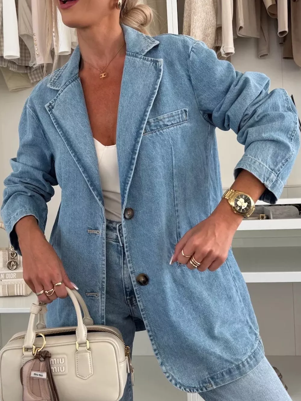 Lapel Collar Long Sleeve Denim Jacket