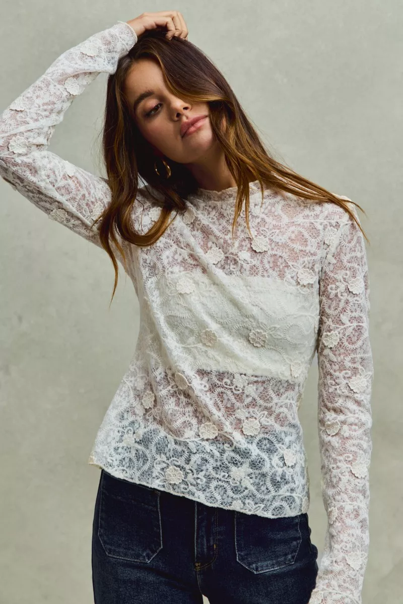 Lace Long Sleeve 3d Effect Floral Layering Top, image 5