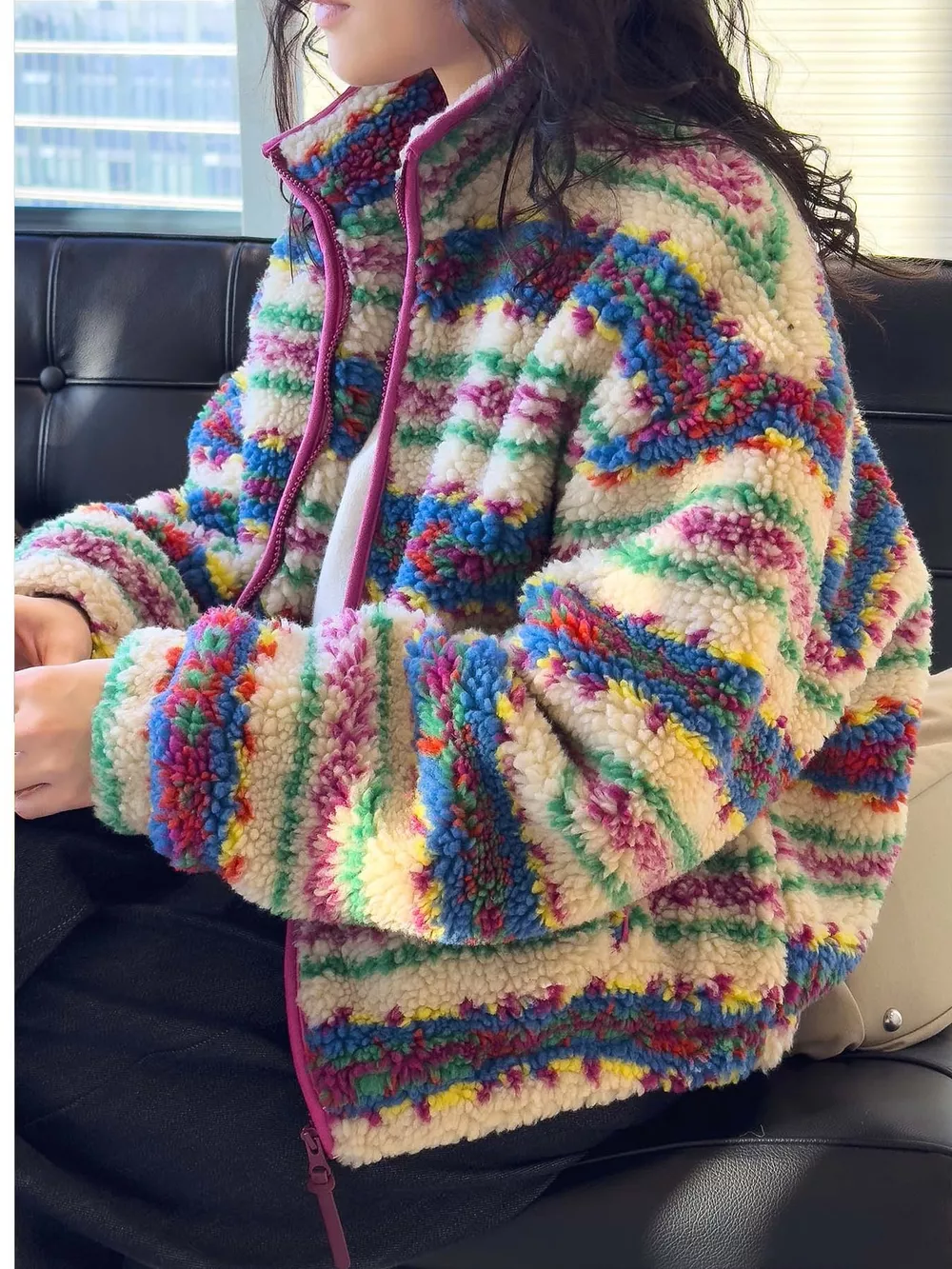 Colorful Patterned Sherpa Zip-Up Jacket, image 10