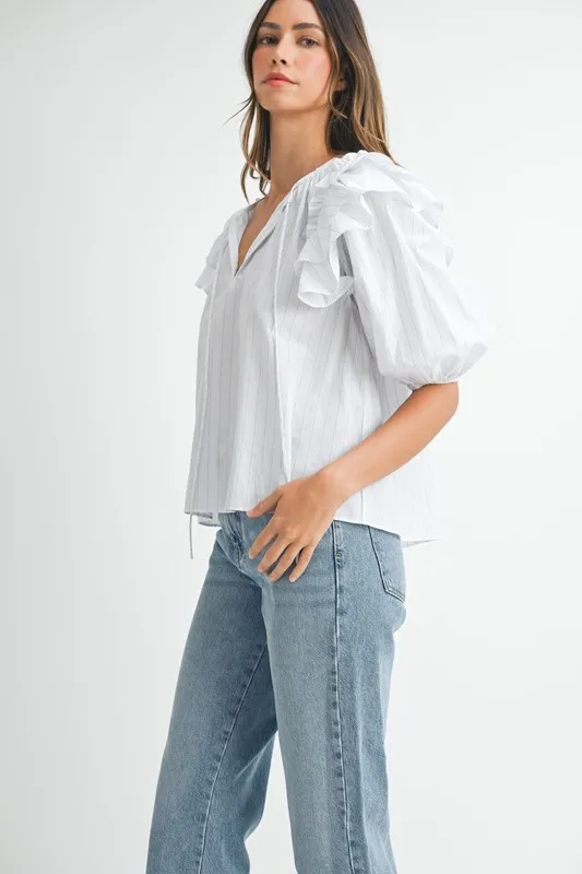 Stripe Ruffle Shoulder Puff Sleeve Blouse, image 2