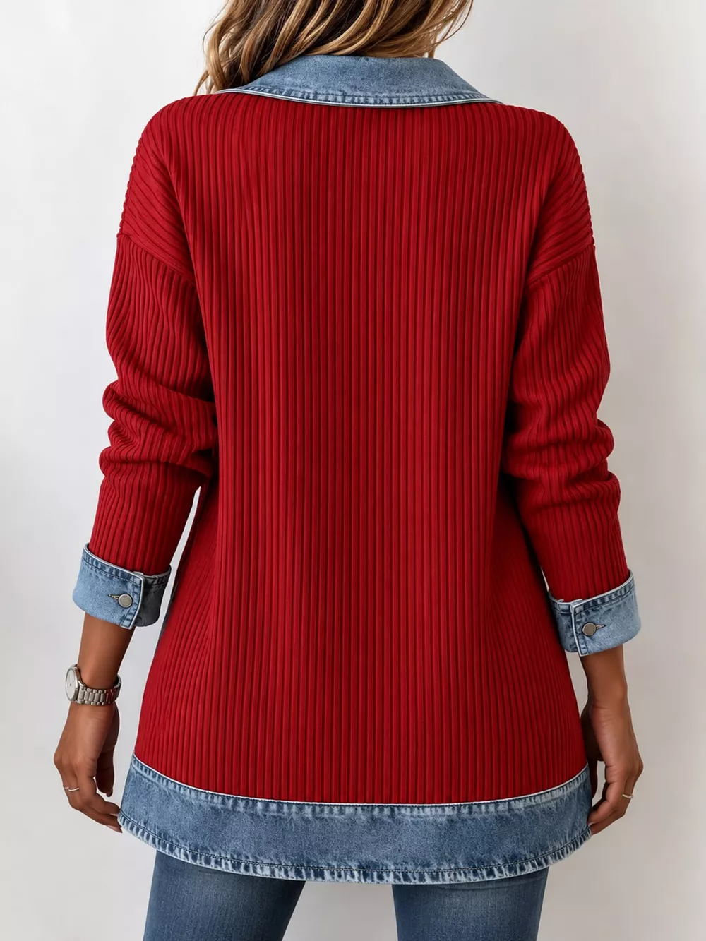 Full Size Denim Trim Ribbed Knit Cardigan Plus Size, image 20