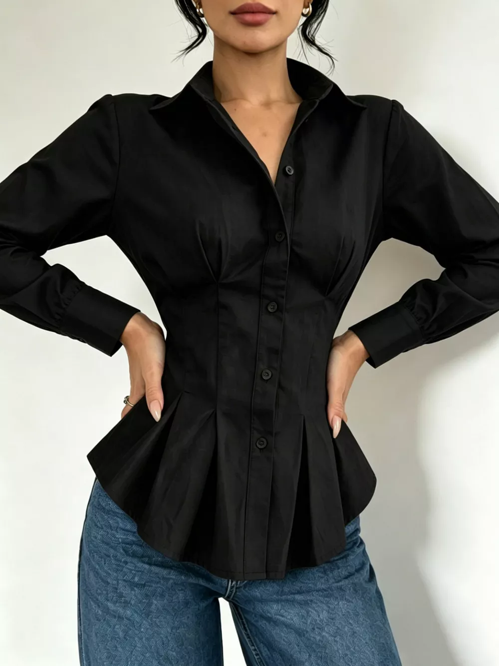 Button-Down Peplum Blouse with Fitted Waist, image 21
