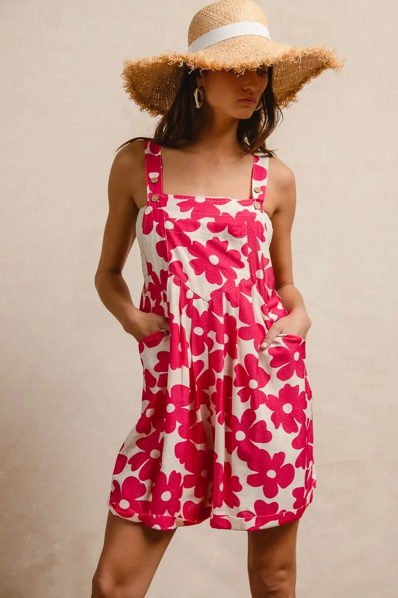 Floral Prints Tuck Detail Short Overall With Pockets, image 5