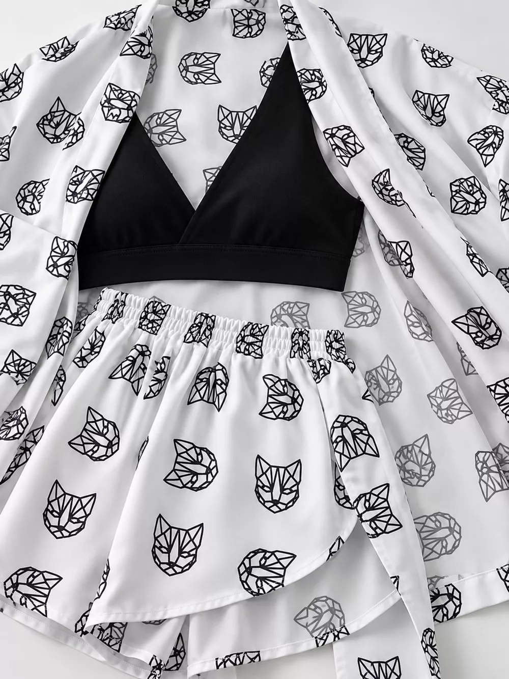 Geometric Cat Print Cardigan and Shorts Lounge Set, image 4