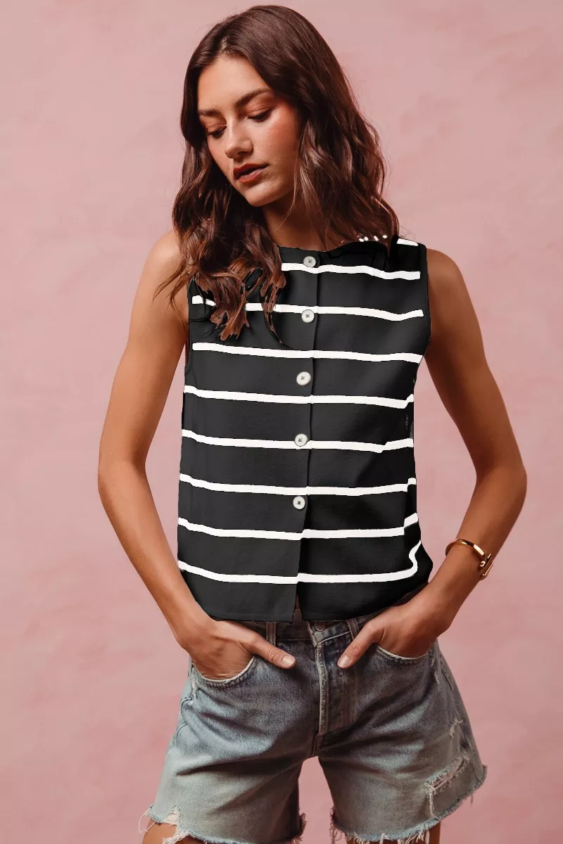 Button Front Stripe Fine Sweater Sleeveless Top