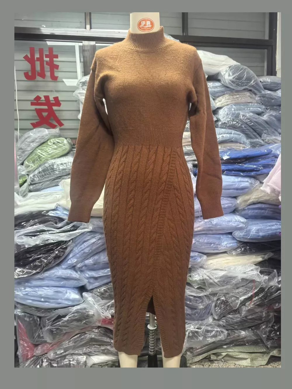 Full Size Mock Neck Cable Knit Sweater Dress with Front Slit Plus Size, image 7