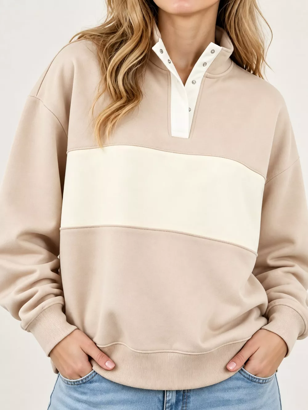 Full Size Color Block Snap-Button Sweatshirt Plus Size, image 21