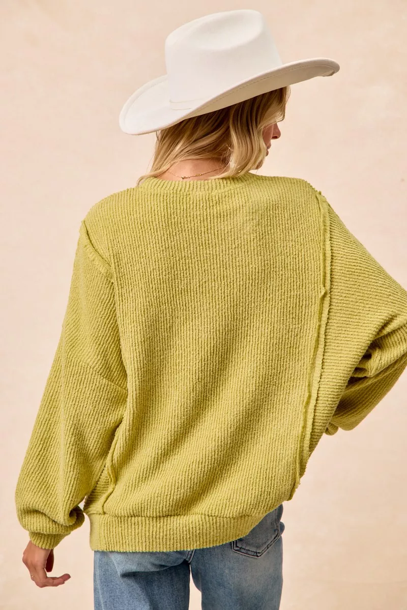 Boucle Rib Knit Uneven Hem Sweater With Open Seam, image 4