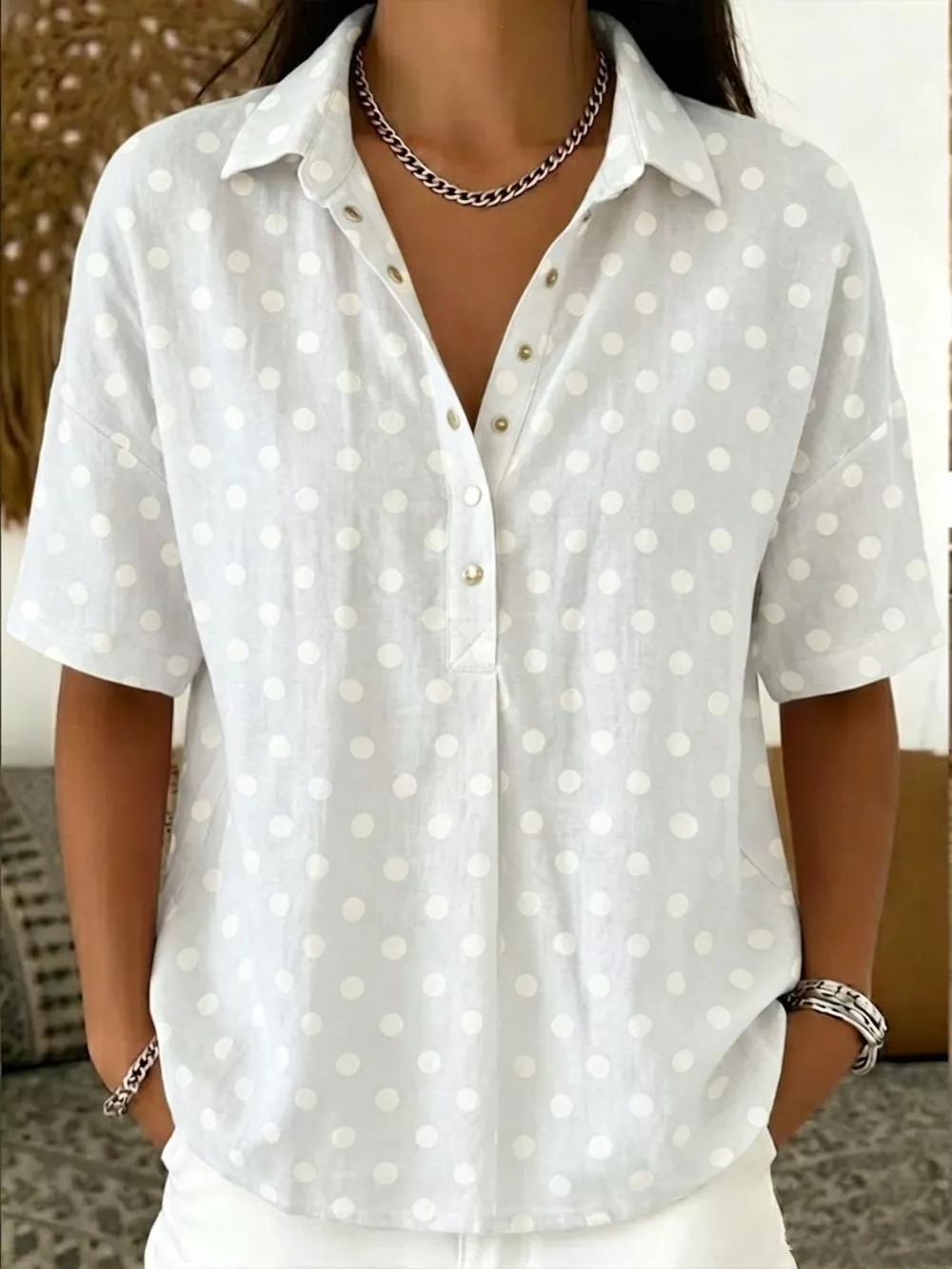 Full Size Polka Dot Short Sleeve Shirt Plus Size, image 8