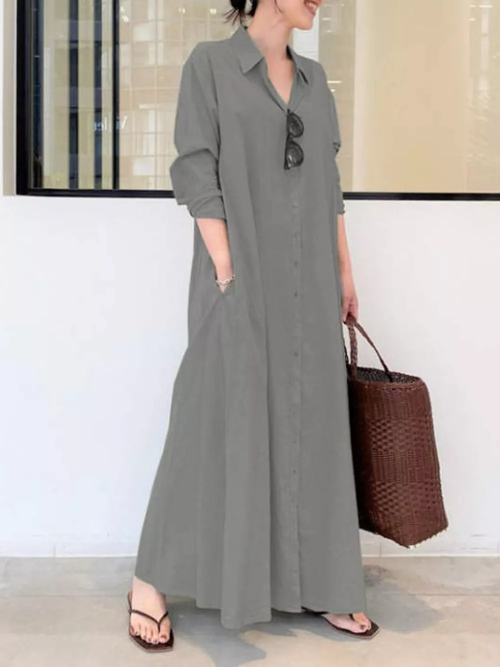 Full Size Button Front Long Sleeve Maxi Shirt Dress Plus Size, image 7