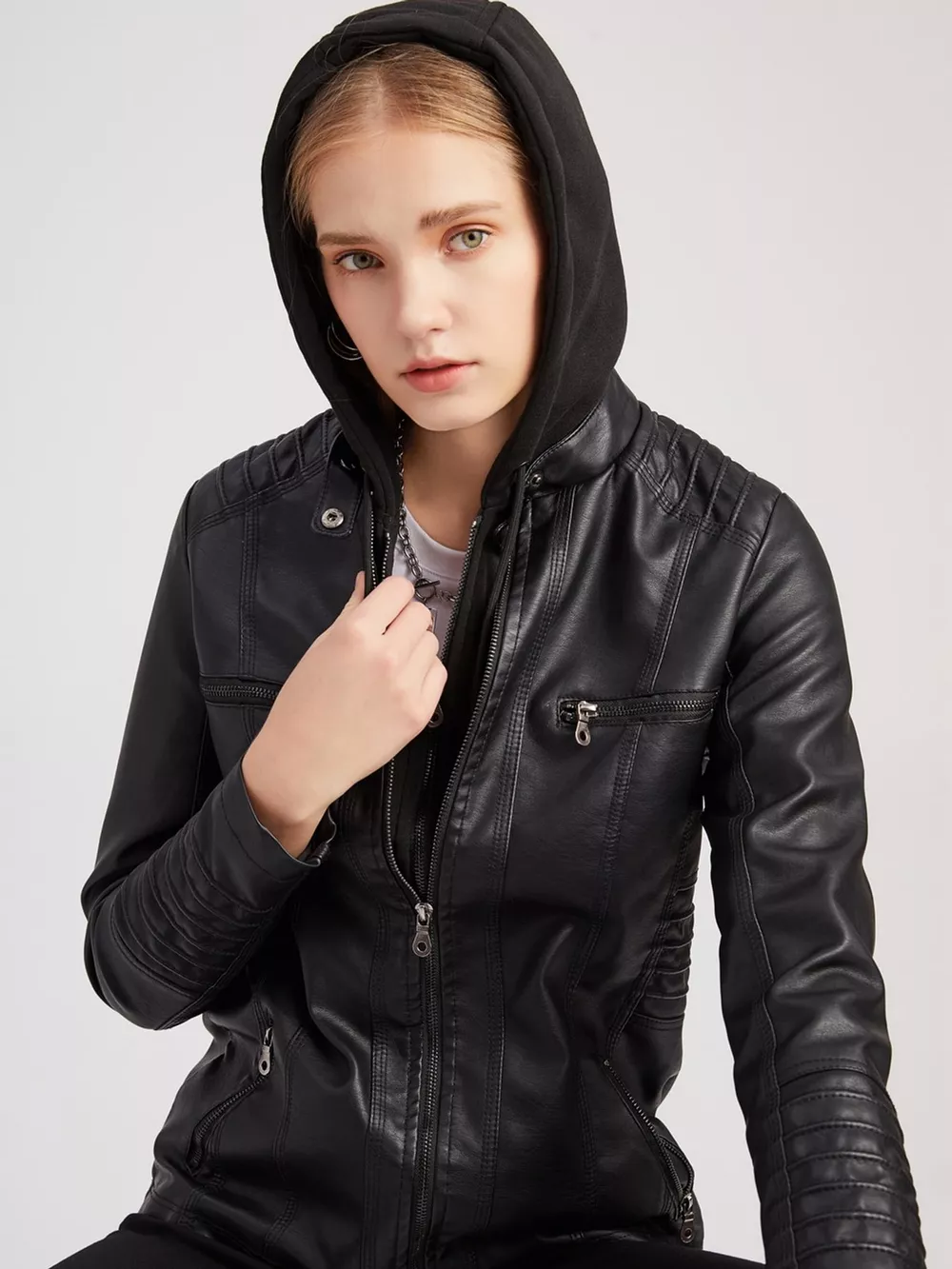 Full Size Detachable Hooded Faux Leather Moto Jacket Plus Size, image 3