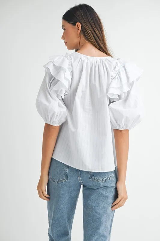 Stripe Ruffle Shoulder Puff Sleeve Blouse, image 3
