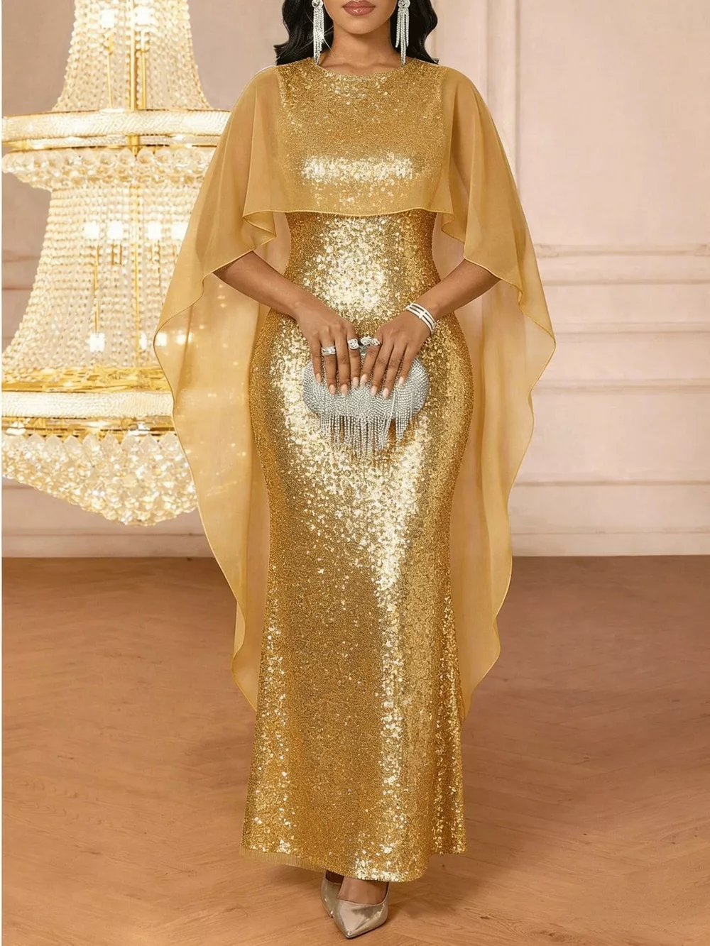 Sequin Cape Overlay Evening Dress, image 19