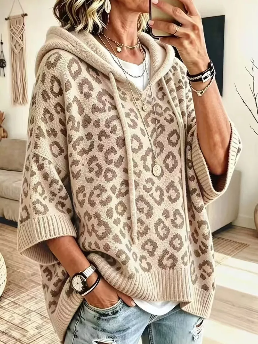 Full Size Leopard Print Hooded Knit Sweater Plus Size, image 23