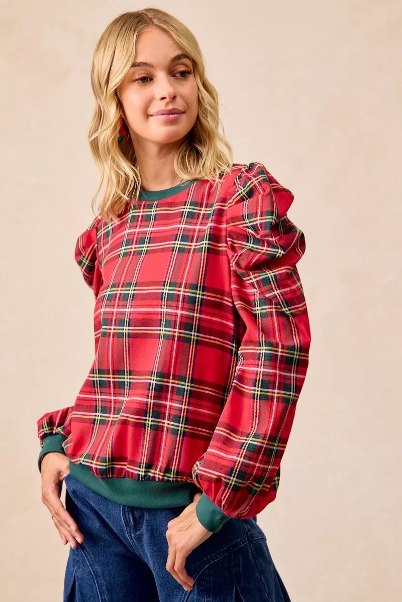 Christmas Plaid Exaggerated Shoulder Sleeves Top, image 5
