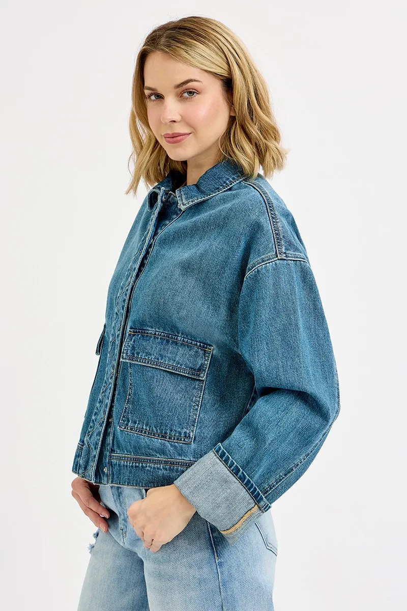 Oversized Cargo Pocket Denim Jacket with Cuffed Sleeves, image 3