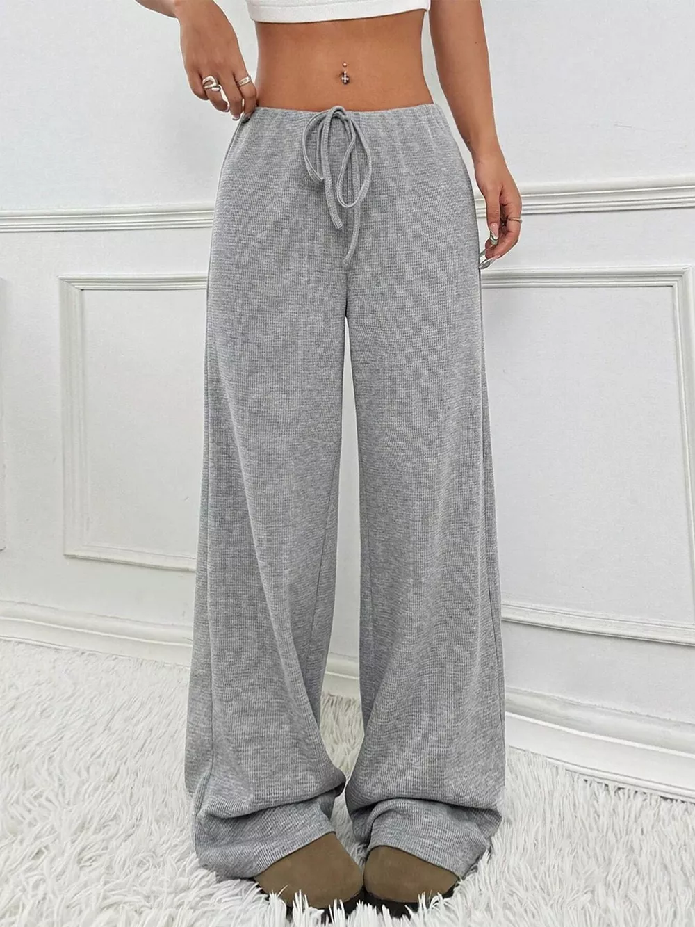 Striped Ribbed Knit Drawstring Waist Wide Leg Pants, image 18