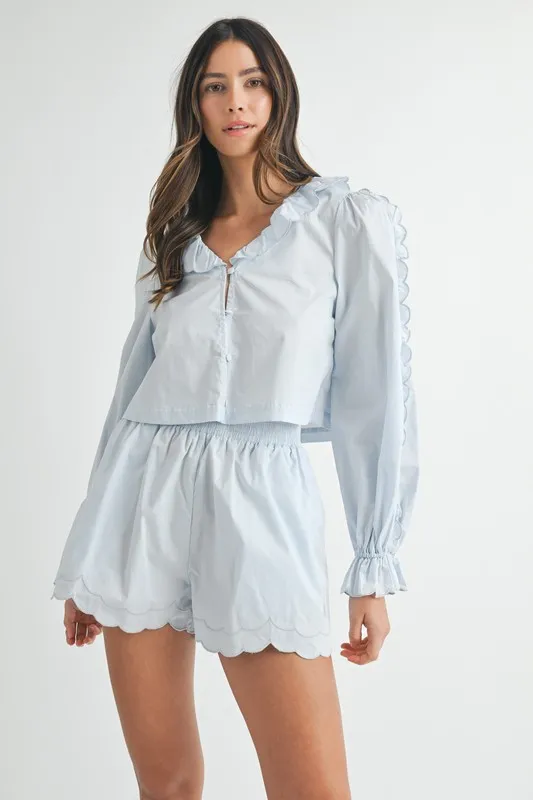 Long Sleeve Scallop Blouse and Shorts Set